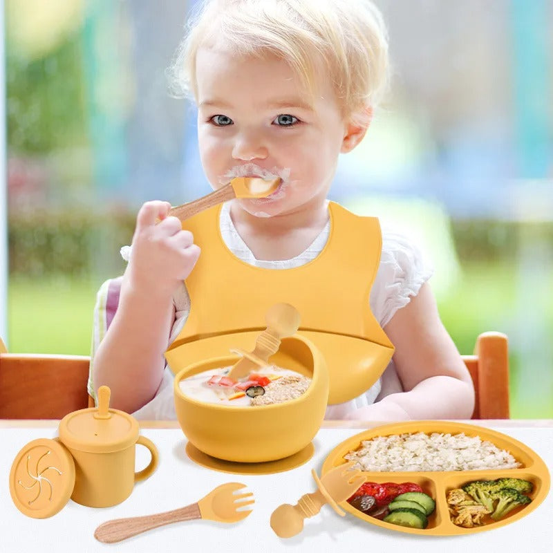 Premium 6-Piece Silicone Baby Feeding Set – Non-Slip Suction Bowl, Divided Plate, Straw Cup, Bib & Cutlery