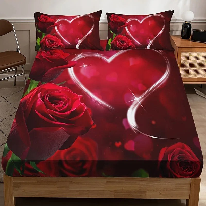 3D Valentine Rose Heart Fitted Bedsheet Set – Romantic Red Floral Bedding with Pillowcases ❤️