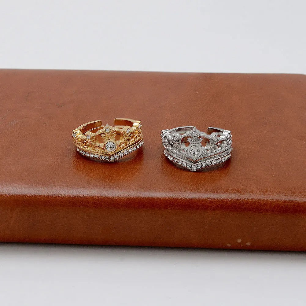 2Pcs Crystal Crown & Chevron Adjustable Ring Set - Silver Vintage Jewelry