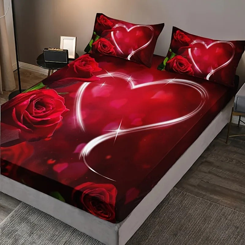 3D Valentine Rose Heart Fitted Bedsheet Set – Romantic Red Floral Bedding with Pillowcases ❤️