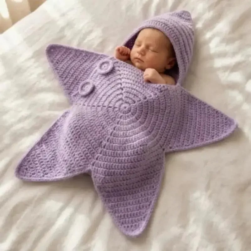 Handmade Crochet Star-Shaped Newborn Swaddle Blanket with Hood