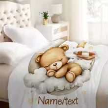 Customized Soft Flannel Baby Blanket – Cute Teddy Bear & Stars Print Personalized Name Swaddle Blanket