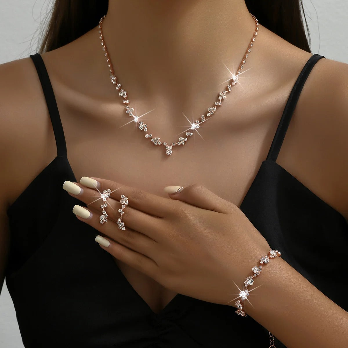 Elegant 4-Piece Golden Floral Jewelry Set - Necklace, Bracelet, Ring & Earrings