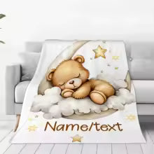 Customized Soft Flannel Baby Blanket – Cute Teddy Bear & Stars Print Personalized Name Swaddle Blanket