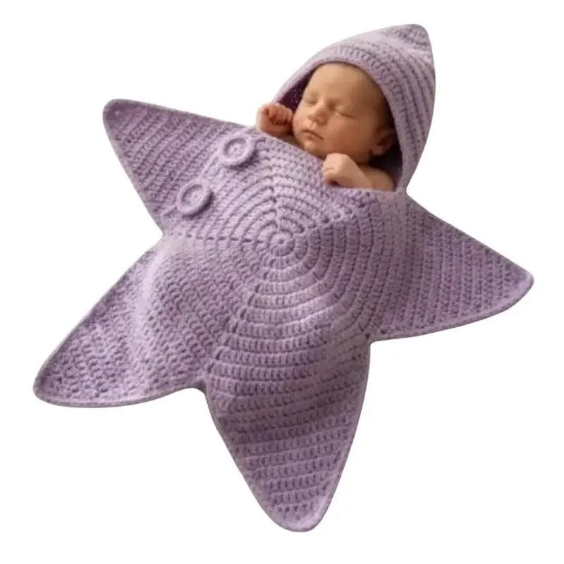 Handmade Crochet Star-Shaped Newborn Swaddle Blanket with Hood