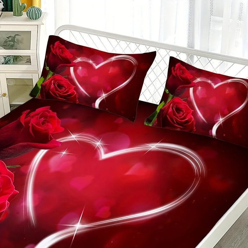 3D Valentine Rose Heart Fitted Bedsheet Set – Romantic Red Floral Bedding with Pillowcases ❤️