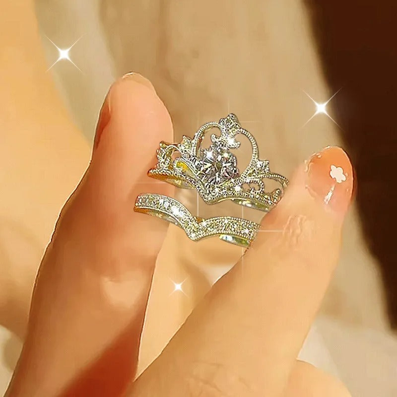 2Pcs Crystal Crown & Chevron Adjustable Ring Set - Silver Vintage Jewelry