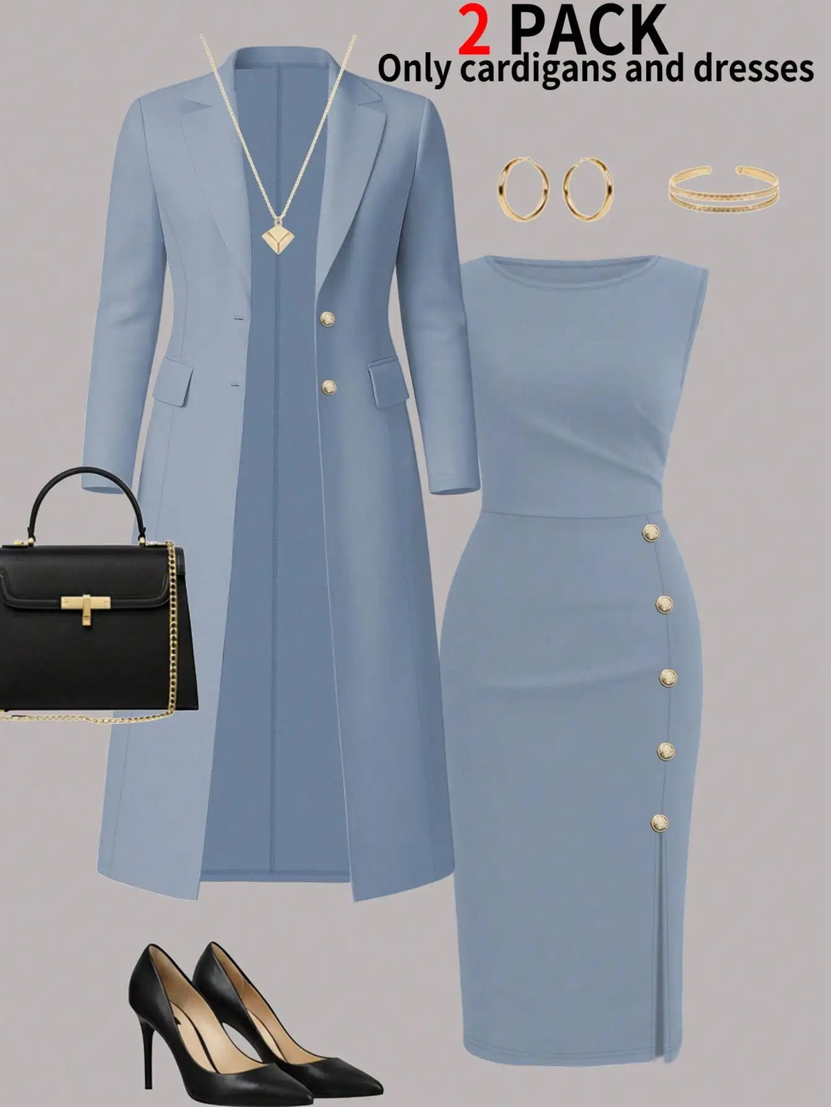 Women's Elegant 2-Piece Long Coat & Sleeveless Buttoned Dress Set – Autumn/Winter Formal Outfit