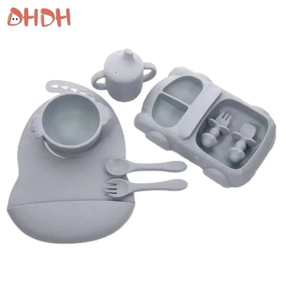 Premium Silicone Baby Feeding Set – Non-Slip Suction Bowl, Divided Plate, Bib & Cutlery Set