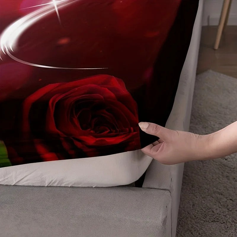 3D Valentine Rose Heart Fitted Bedsheet Set – Romantic Red Floral Bedding with Pillowcases ❤️