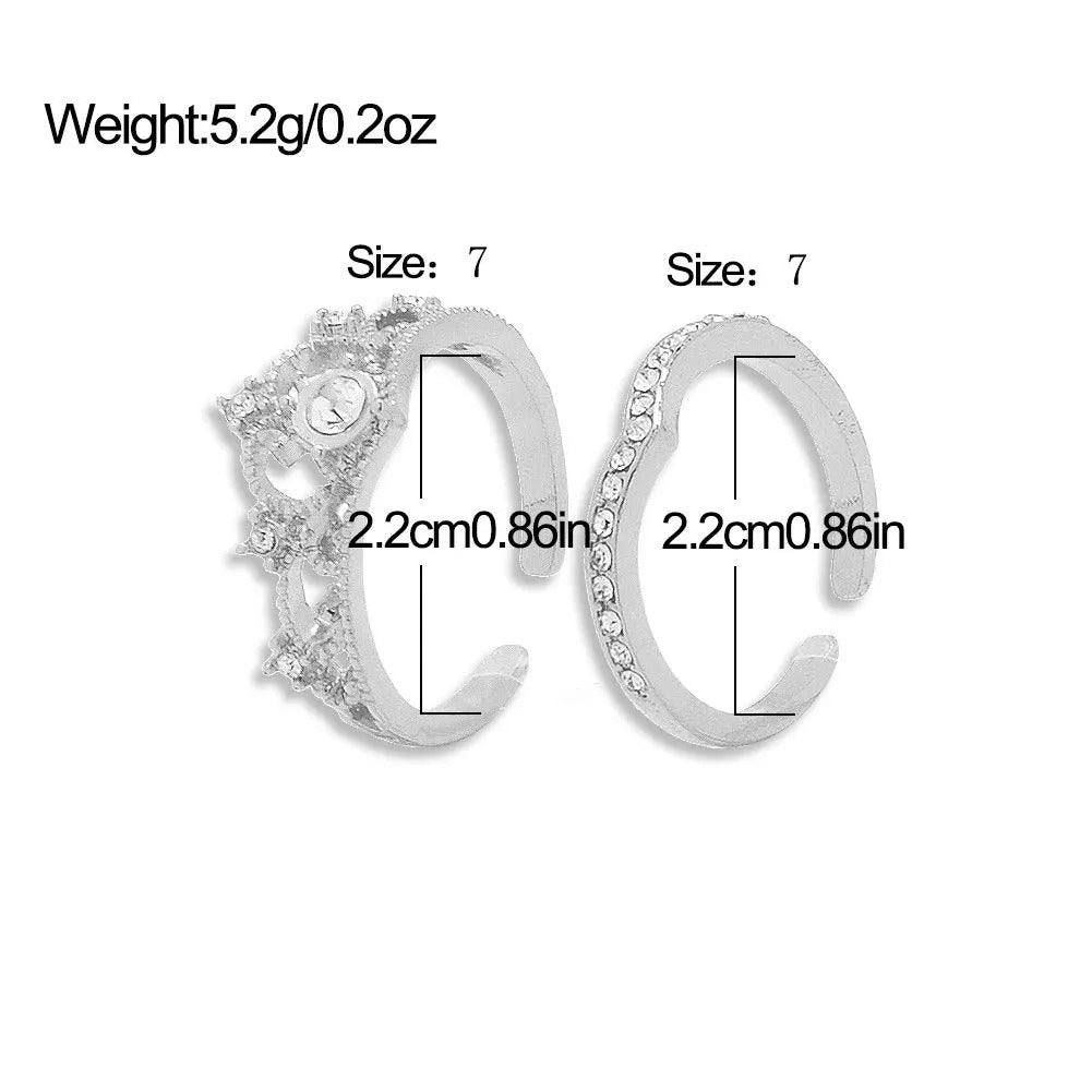 2Pcs Crystal Crown & Chevron Adjustable Ring Set - Silver Vintage Jewelry
