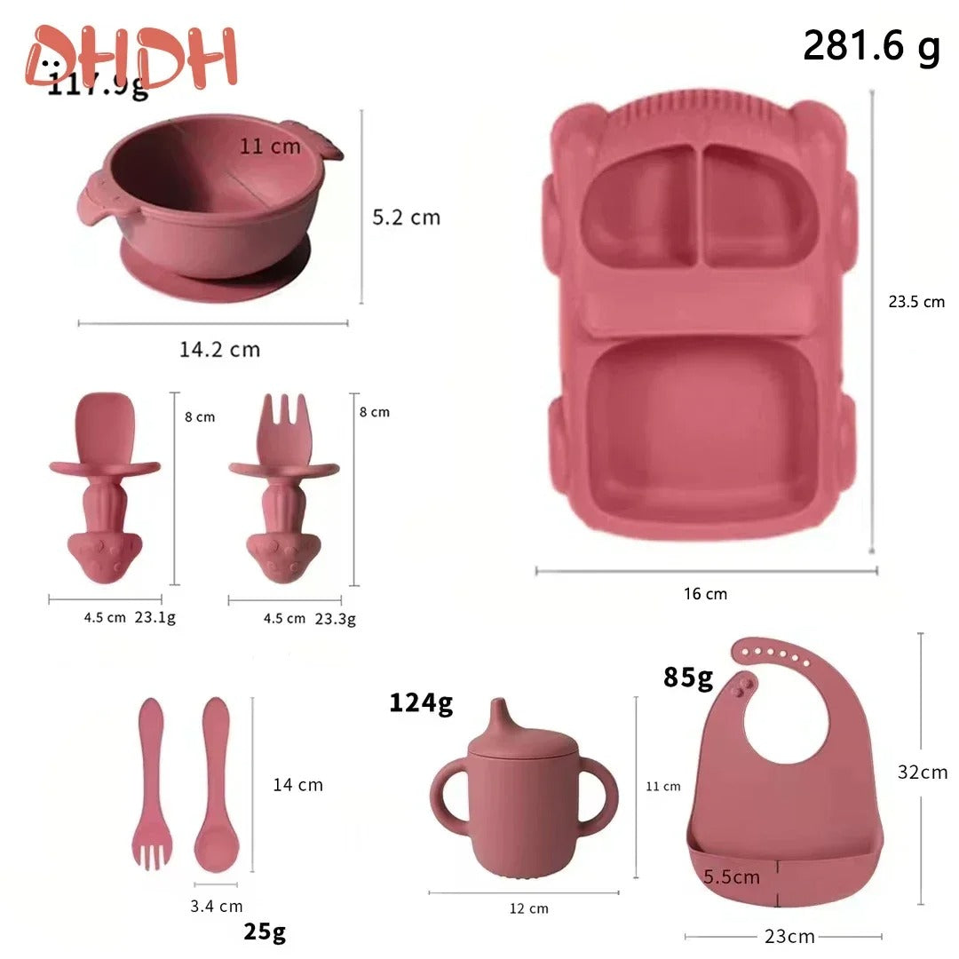 Premium Silicone Baby Feeding Set – Non-Slip Suction Bowl, Divided Plate, Bib & Cutlery Set