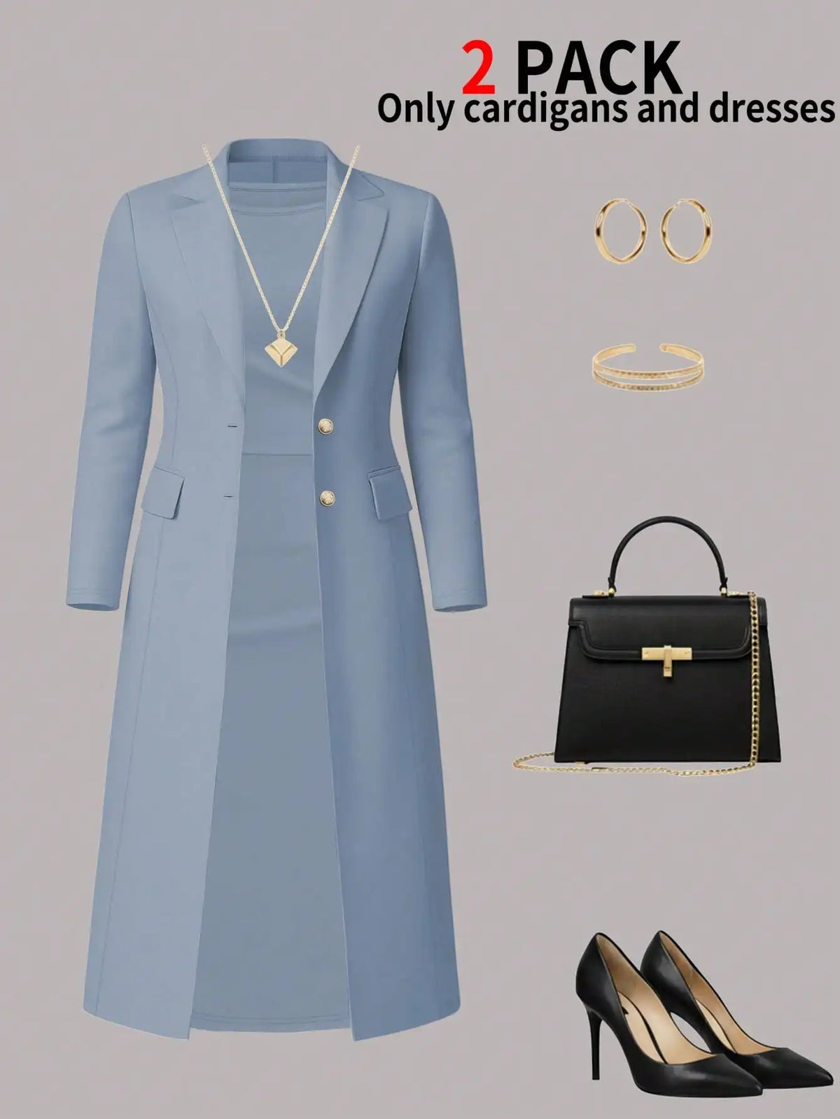 Women's Elegant 2-Piece Long Coat & Sleeveless Buttoned Dress Set – Autumn/Winter Formal Outfit