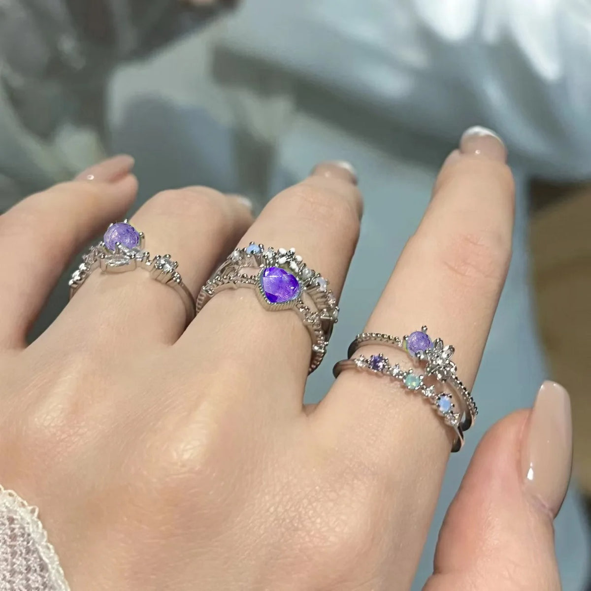 2Pcs Crystal Crown & Chevron Adjustable Ring Set - Silver Vintage Jewelry