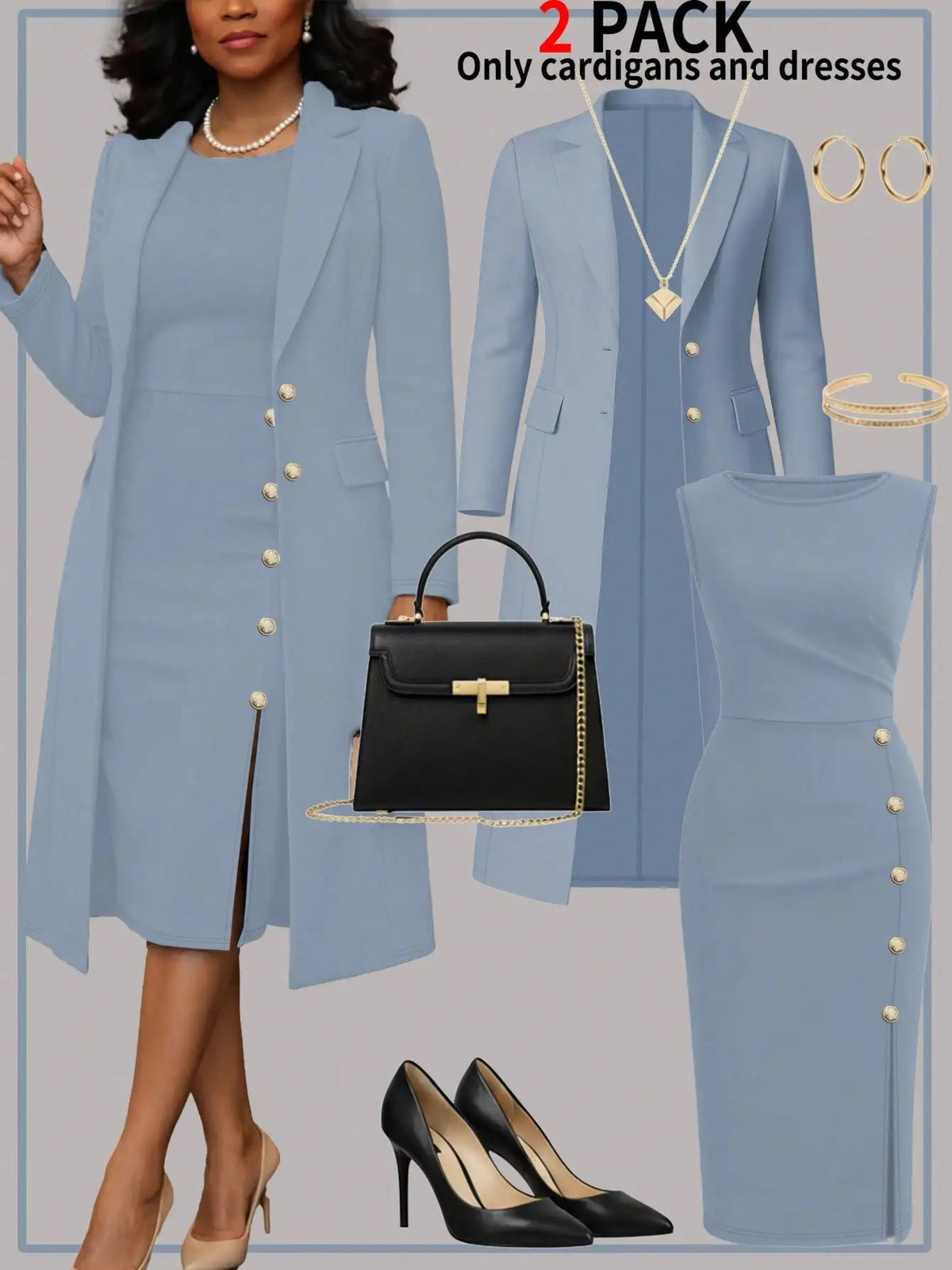 Women's Elegant 2-Piece Long Coat & Sleeveless Buttoned Dress Set – Autumn/Winter Formal Outfit