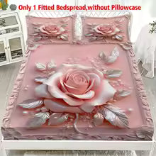 3D Embossed Pink Rose Printed Fitted Bedsheet – Deep Pocket Elastic Mattress Cover