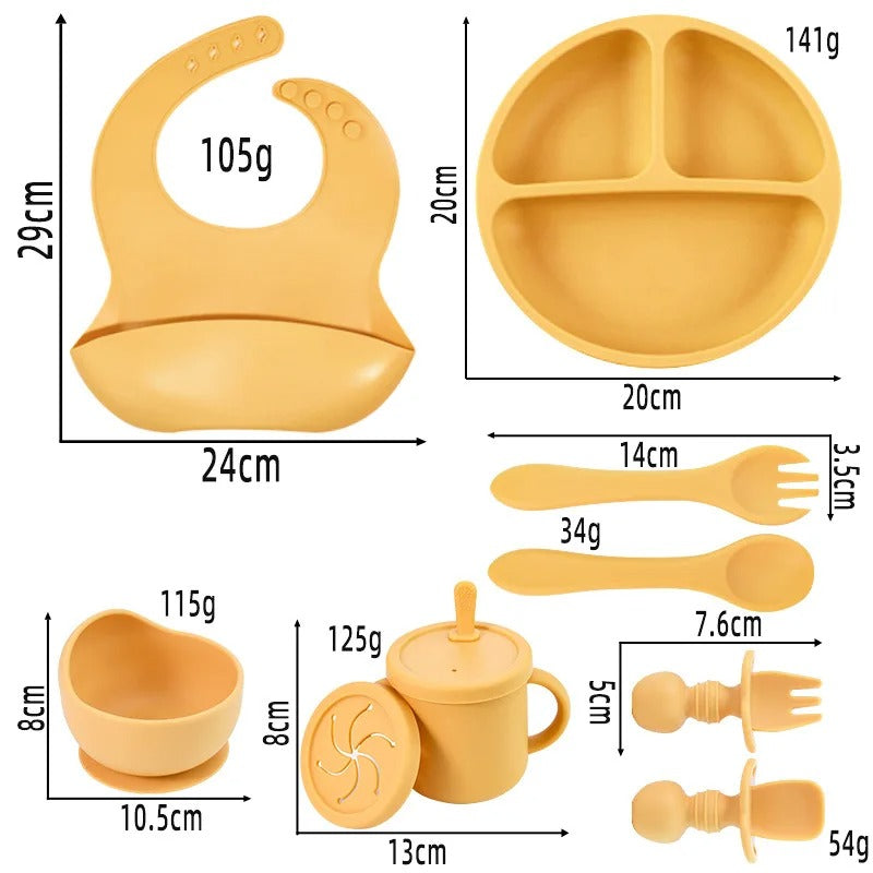Premium 6-Piece Silicone Baby Feeding Set – Non-Slip Suction Bowl, Divided Plate, Straw Cup, Bib & Cutlery