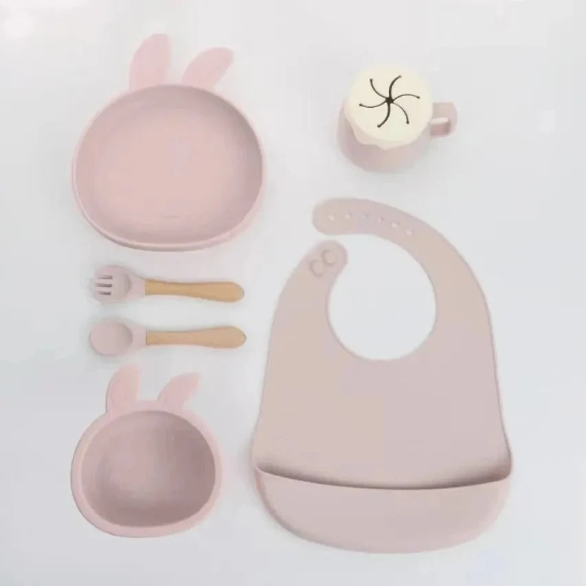 Premium Silicone Baby Feeding Set – Non-Slip Suction Bowl, Divided Plate, Bib & Cutlery Set