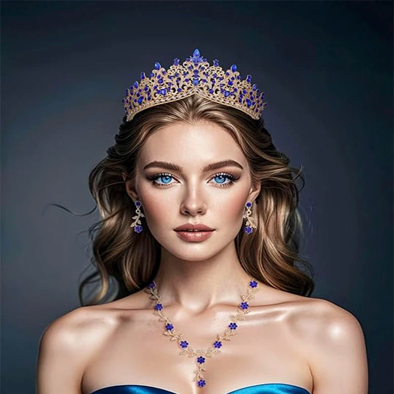 Royal Blue Baroque Crystal Bridal Crown & Jewelry Set (3 Pcs)