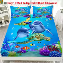 3D Dolphin & Sea Turtle Printed Fitted Bedsheet – Deep Pocket Elastic Mattress Cover