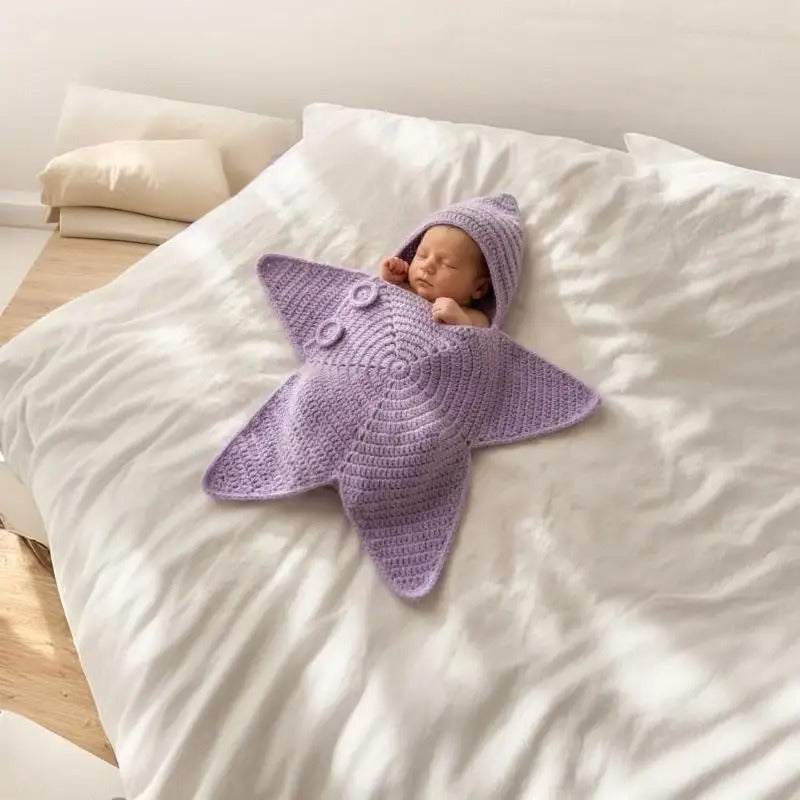 Handmade Crochet Star-Shaped Newborn Swaddle Blanket with Hood