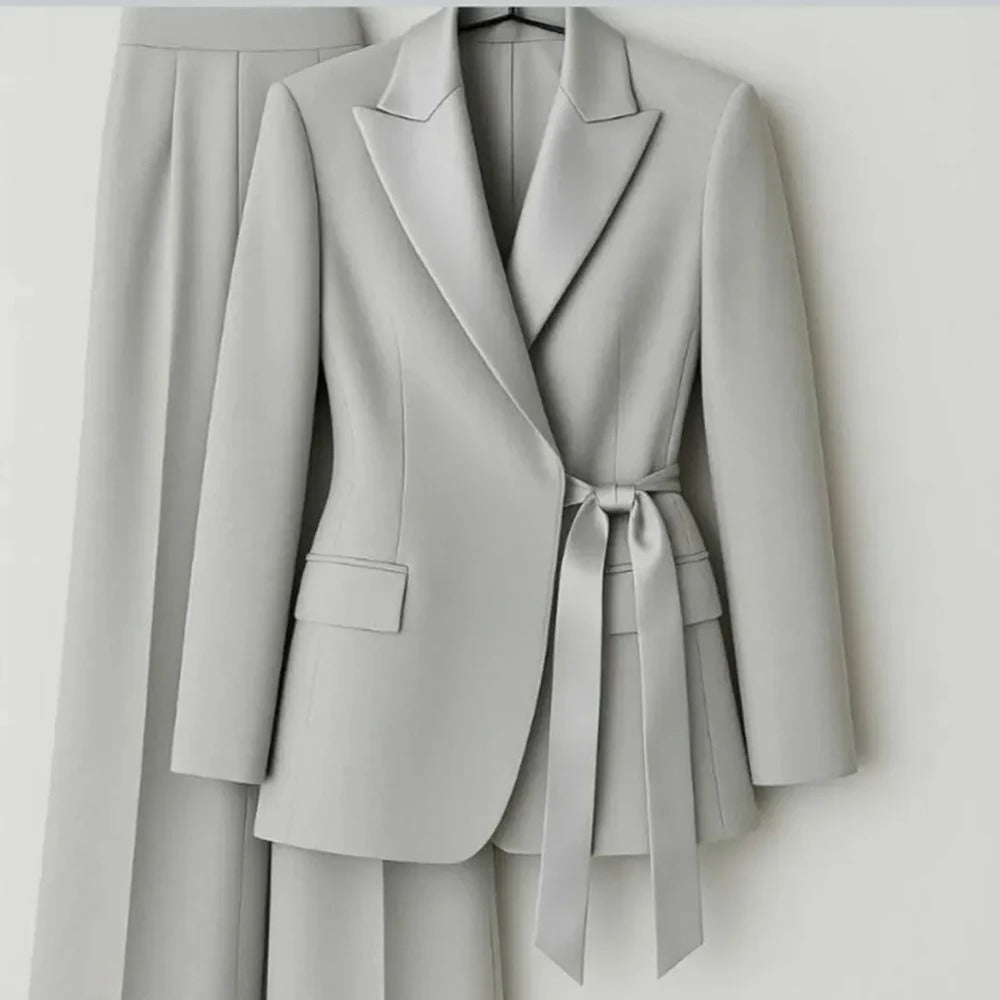Elegant 2-Piece Office Lady Blazer & Pants Set with Belt – Formal Women's Suit