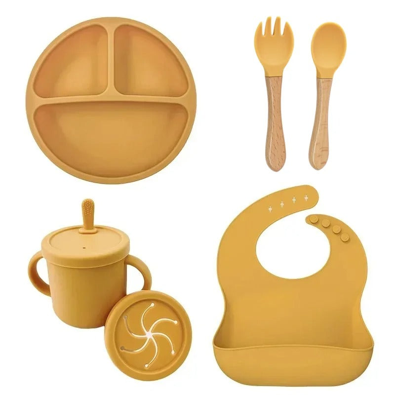 Premium 6-Piece Silicone Baby Feeding Set – Non-Slip Suction Bowl, Divided Plate, Straw Cup, Bib & Cutlery