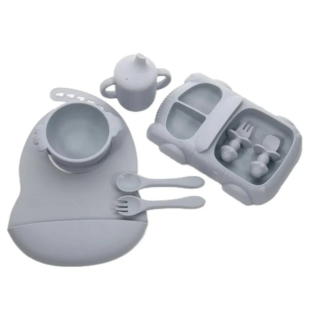Premium Silicone Baby Feeding Set – Non-Slip Suction Bowl, Divided Plate, Bib & Cutlery Set