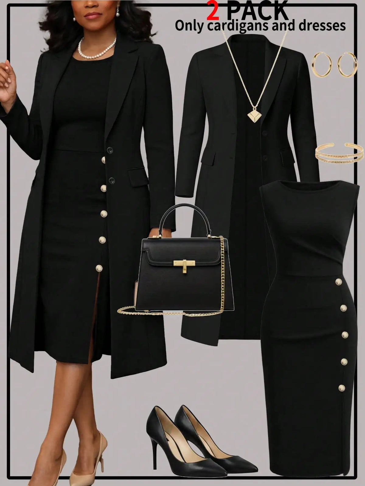 Women's Elegant 2-Piece Long Coat & Sleeveless Buttoned Dress Set – Autumn/Winter Formal Outfit