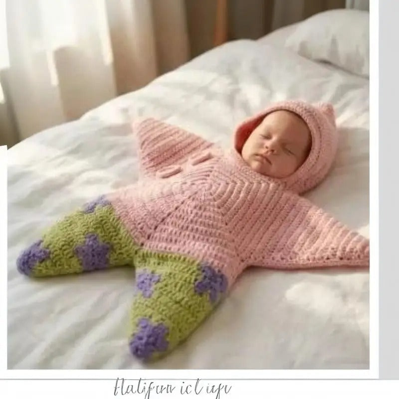 Handmade Crochet Star-Shaped Newborn Swaddle Blanket with Hood