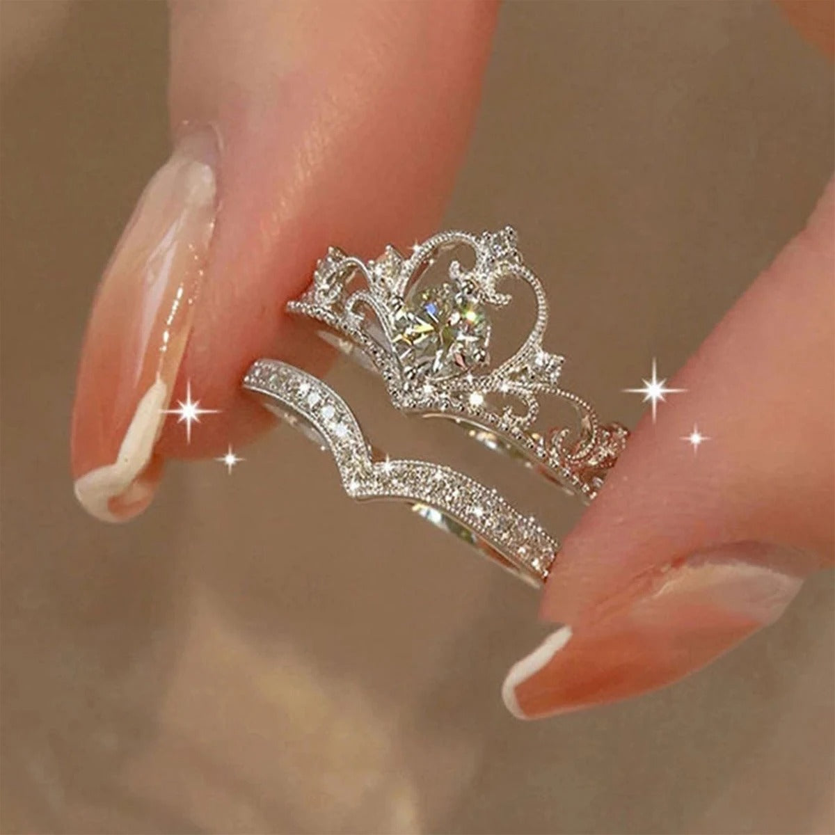 2Pcs Crystal Crown & Chevron Adjustable Ring Set - Silver Vintage Jewelry