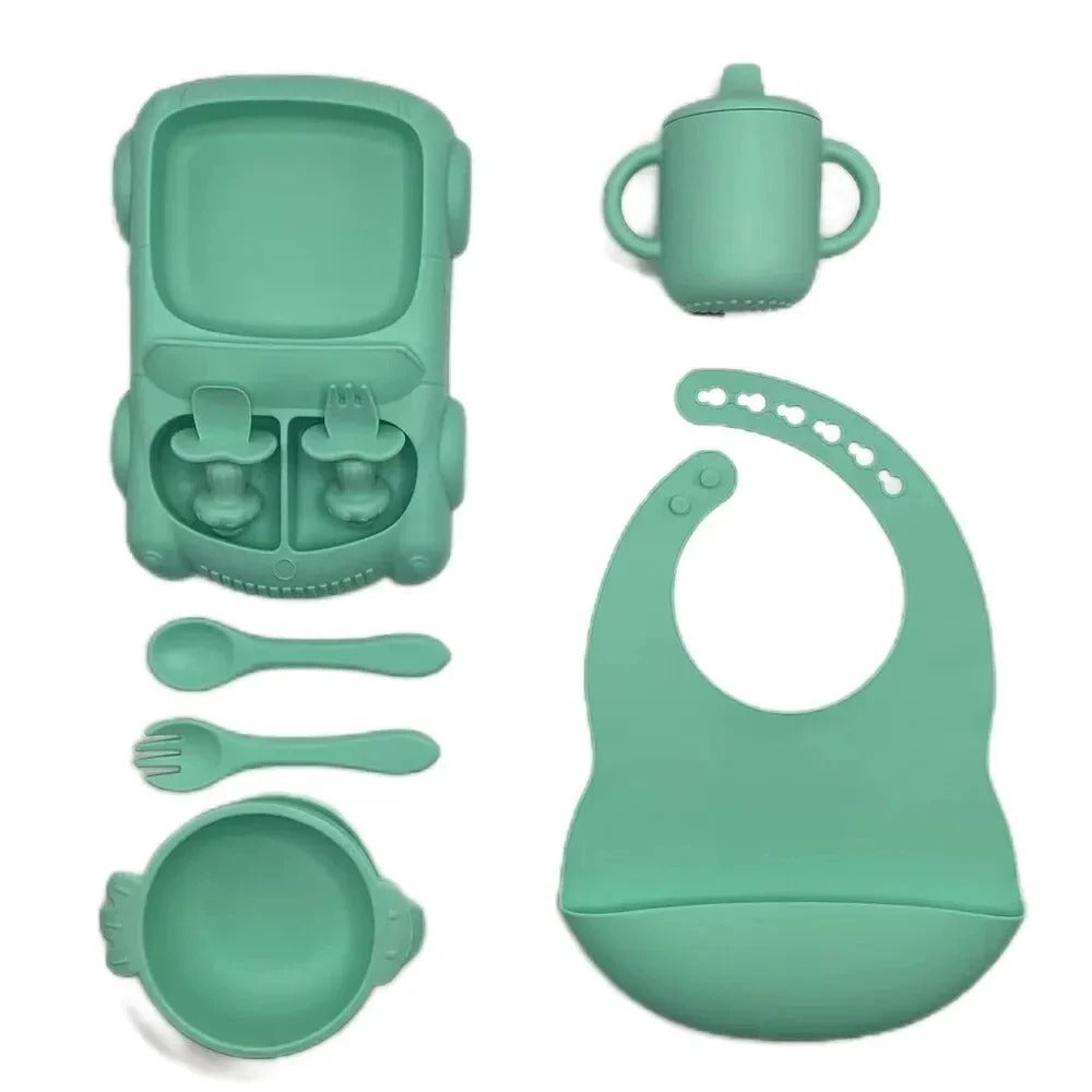 Premium Silicone Baby Feeding Set – Non-Slip Suction Bowl, Divided Plate, Bib & Cutlery Set