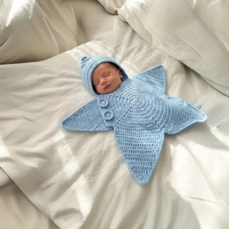 Handmade Crochet Star-Shaped Newborn Swaddle Blanket with Hood
