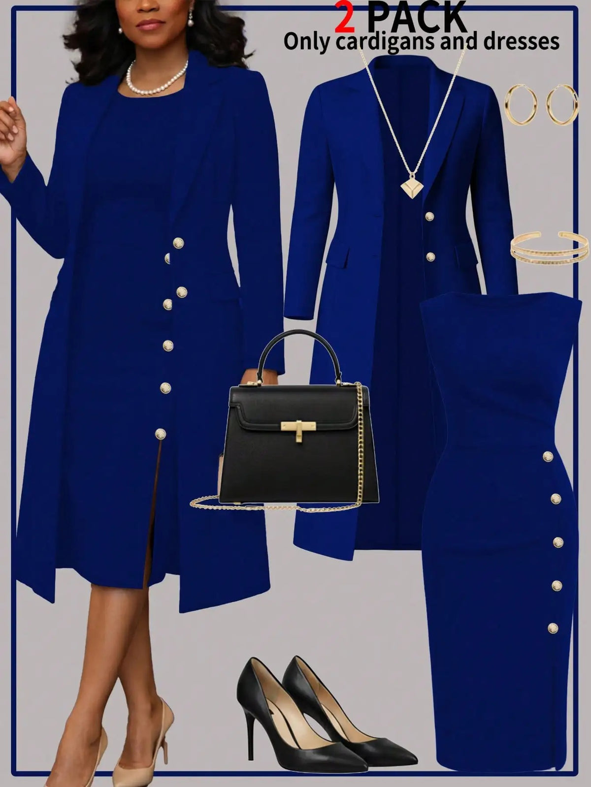 Women's Elegant 2-Piece Long Coat & Sleeveless Buttoned Dress Set – Autumn/Winter Formal Outfit