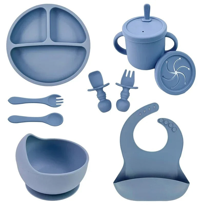 Premium 6-Piece Silicone Baby Feeding Set – Non-Slip Suction Bowl, Divided Plate, Straw Cup, Bib & Cutlery
